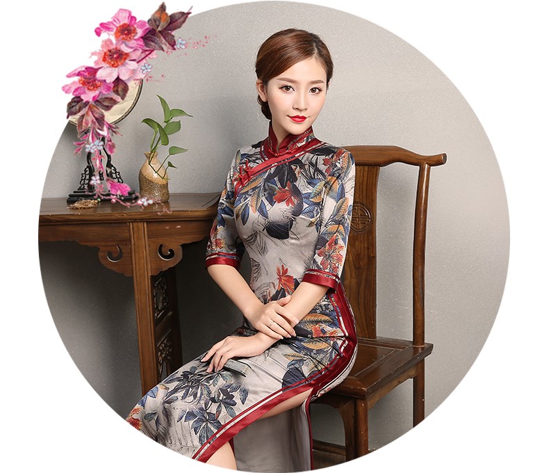 復古典雅旗袍，中袖浪漫印花旗袍裙