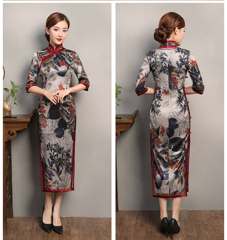 復古典雅旗袍，中袖浪漫印花旗袍裙