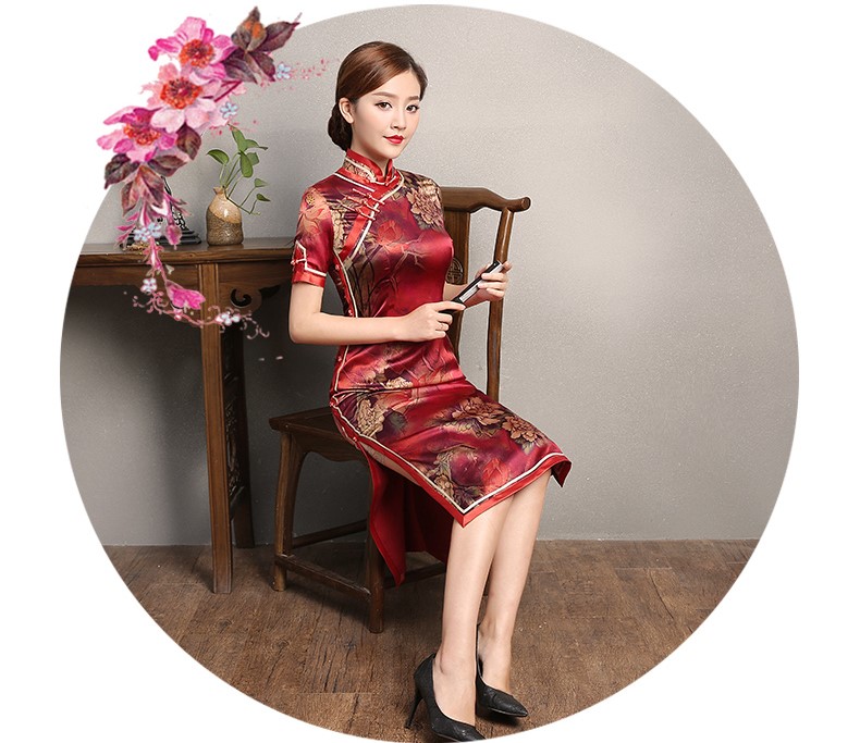 紅色復古風情旗袍，短袖印花旗袍裙