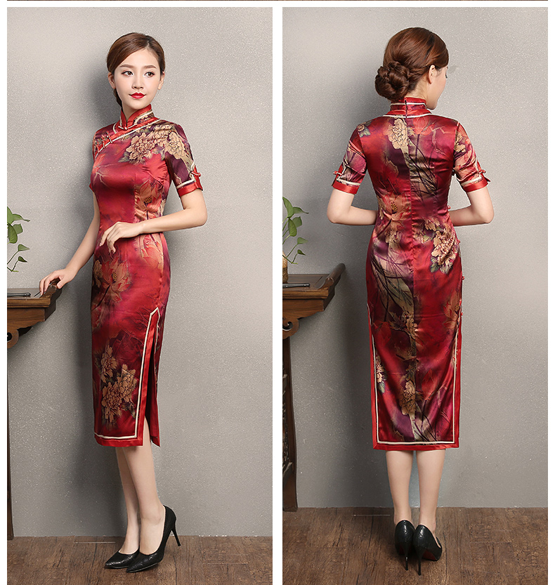 紅色復古風情旗袍，短袖印花旗袍裙