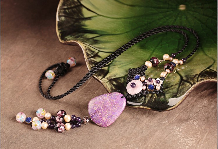 珍珠紫水晶石頭吊墜毛衣鏈，復(fù)古民族風項鏈