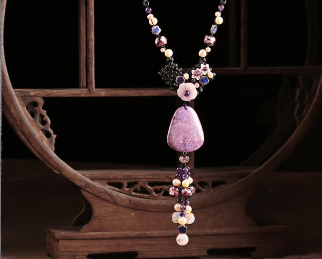 珍珠紫水晶石頭吊墜毛衣鏈，復(fù)古民族風項鏈