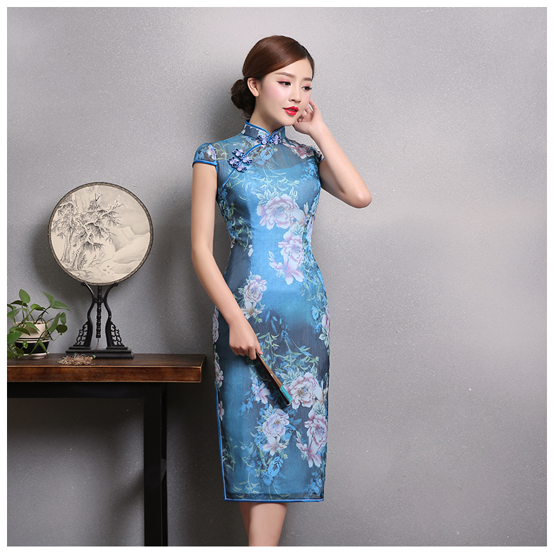 典雅藍(lán)色印花旗袍，時尚短袖旗袍裙