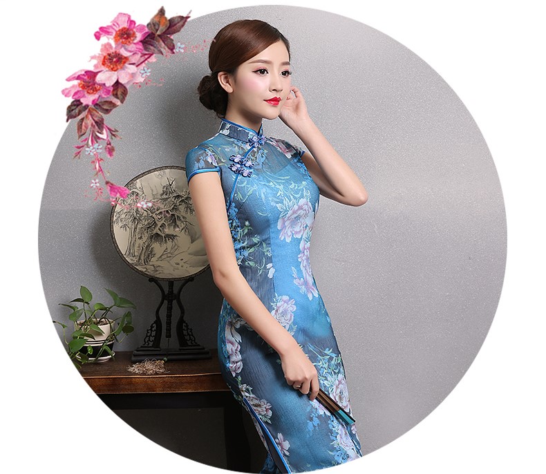 典雅藍(lán)色印花旗袍，時尚短袖旗袍裙