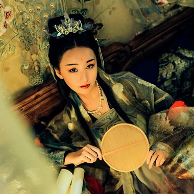 華麗妝容帶團扇女子頭像，唯美古風真人頭像