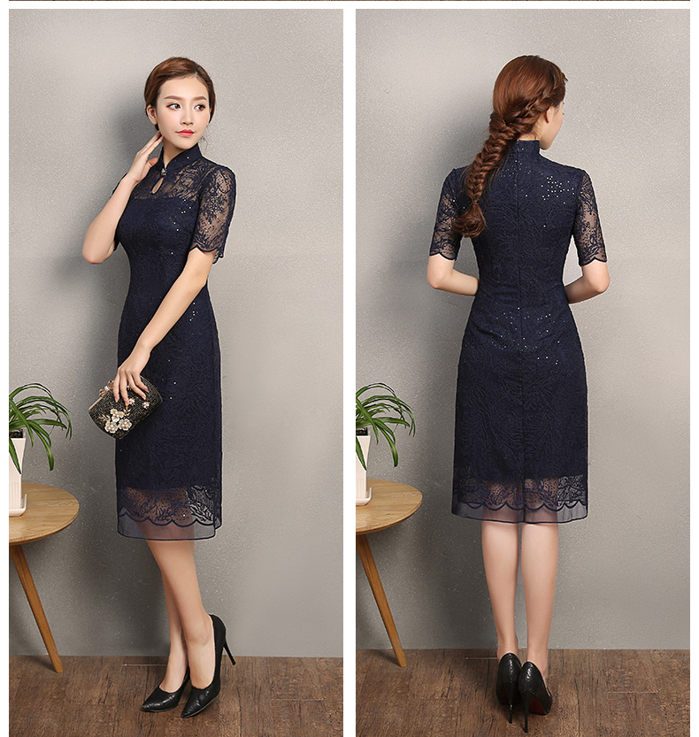 復古蕾絲繡花亮片旗袍，深藍色旗袍裙