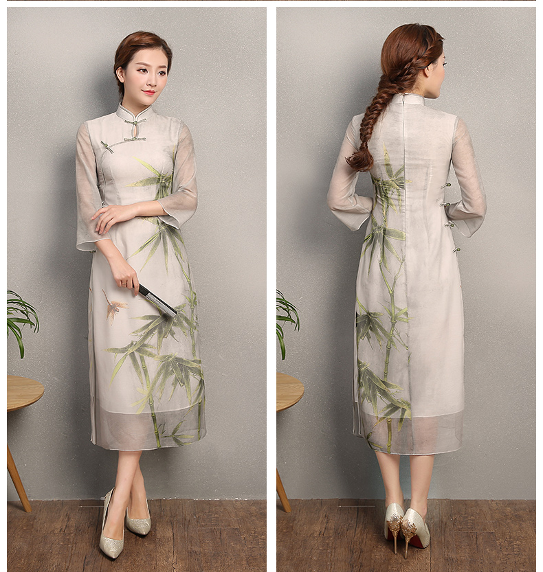 竹軒淡雅旗袍，中袖改良奧黛風(fēng)旗袍裙