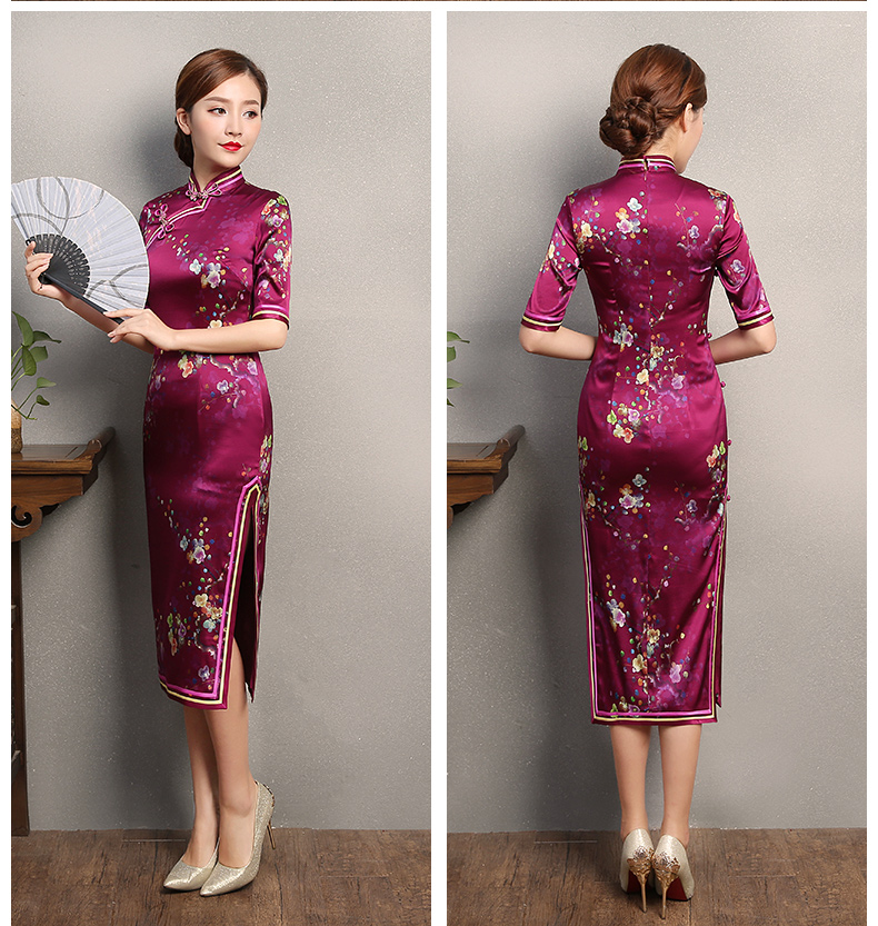 玫紅色印花旗袍，中袖真絲旗袍裙