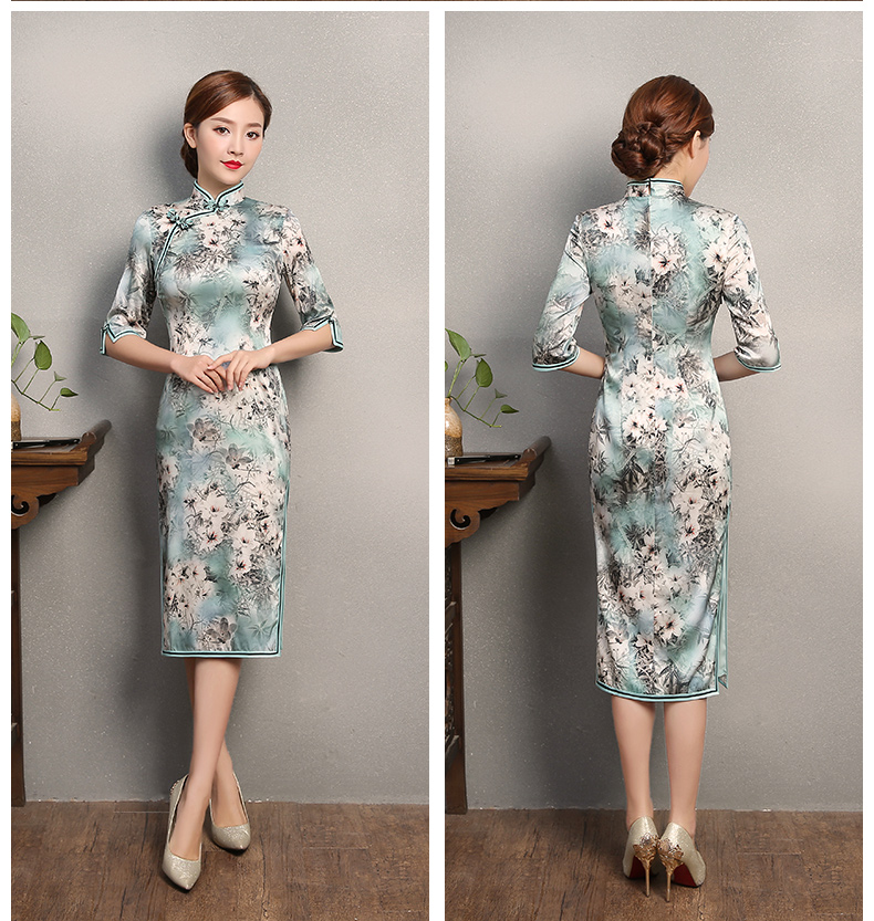 淡青色印花旗袍，芳顏中袖真絲旗袍裙