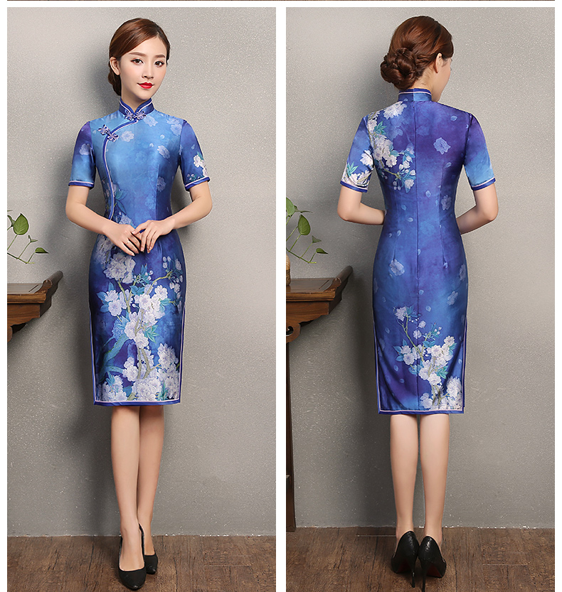 藍嬌印花旗袍，復(fù)古真絲旗袍裙