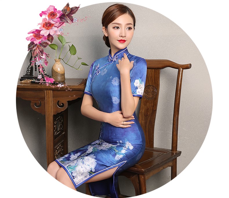 藍嬌印花旗袍，復(fù)古真絲旗袍裙