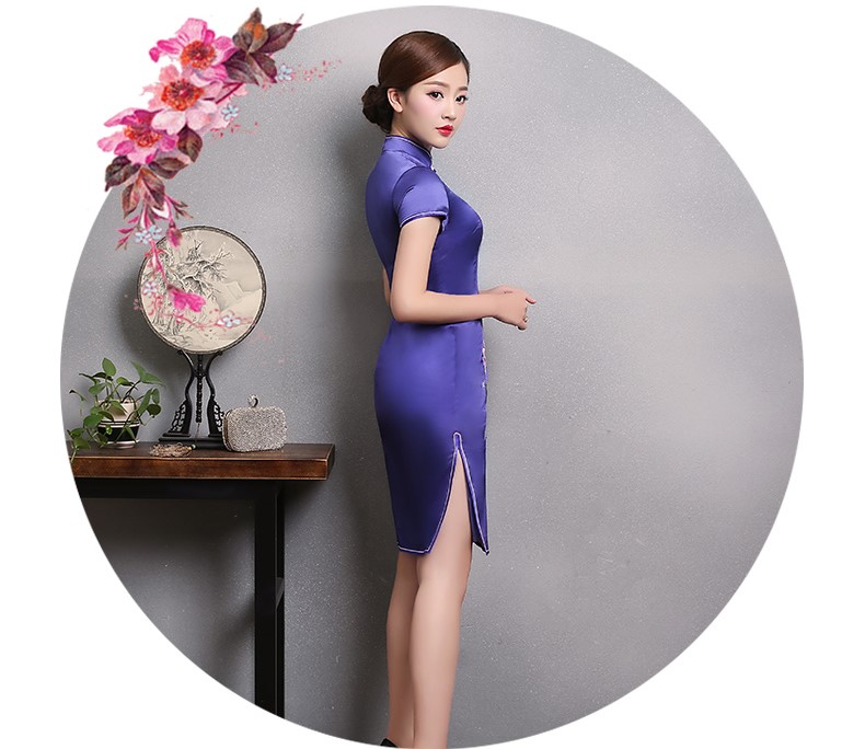 紫色牡丹繡花旗袍，復(fù)古短袖旗袍裙