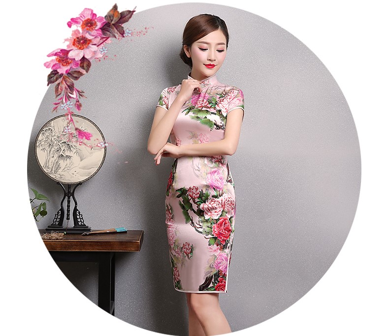 粉色牡丹印花旗袍，復(fù)古時(shí)尚短袖旗袍裙
