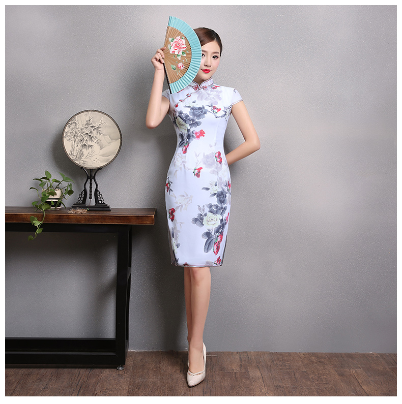 花美牡丹旗袍，復(fù)古家佳樂文學(xué)短袖旗袍裙