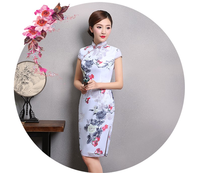 花美牡丹旗袍，復(fù)古家佳樂文學(xué)短袖旗袍裙