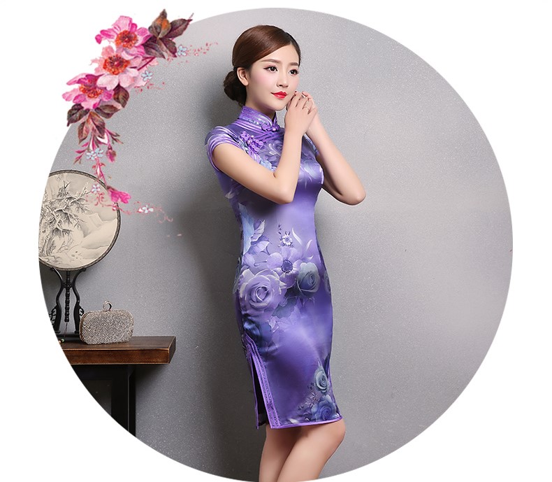 紫玫瑰印花旗袍，短袖三包邊旗袍裙