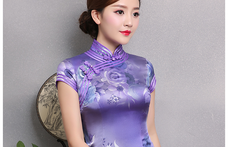 紫玫瑰印花旗袍，短袖三包邊旗袍裙