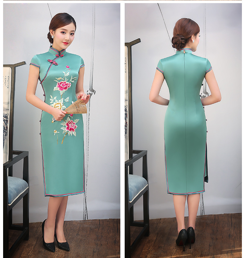 復古繡花旗袍，短袖真絲旗袍裙