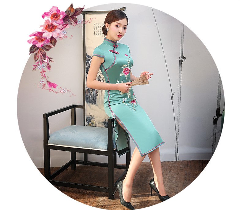 復古繡花旗袍，短袖真絲旗袍裙