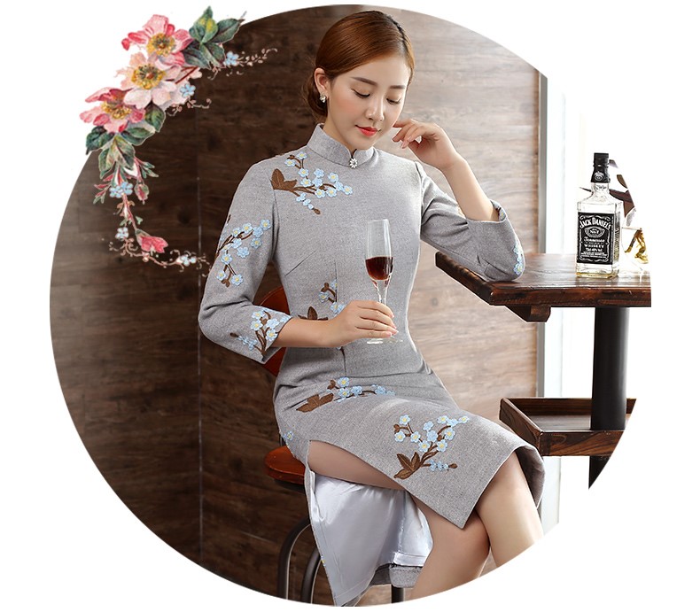 灰色繡花旗袍，復(fù)古文藝旗袍裙