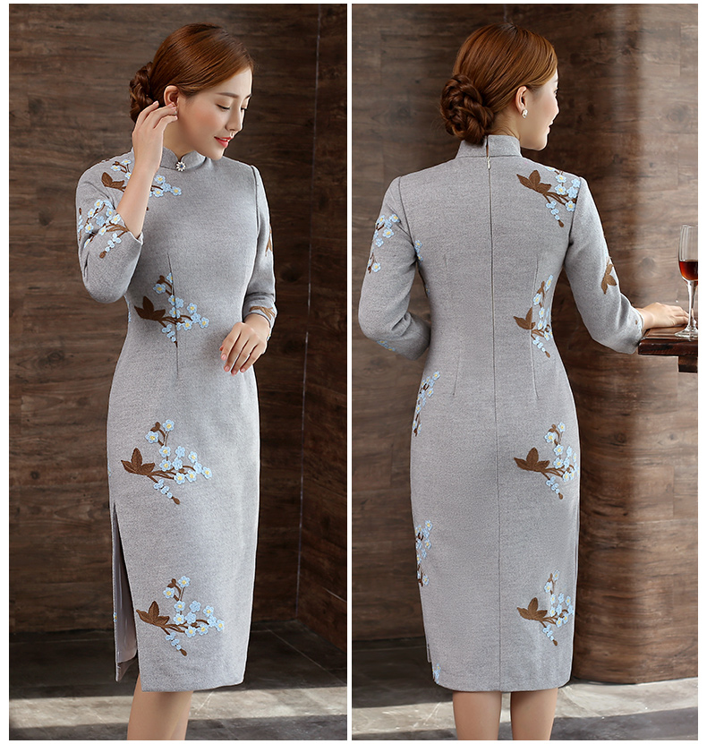 灰色繡花旗袍，復(fù)古文藝旗袍裙