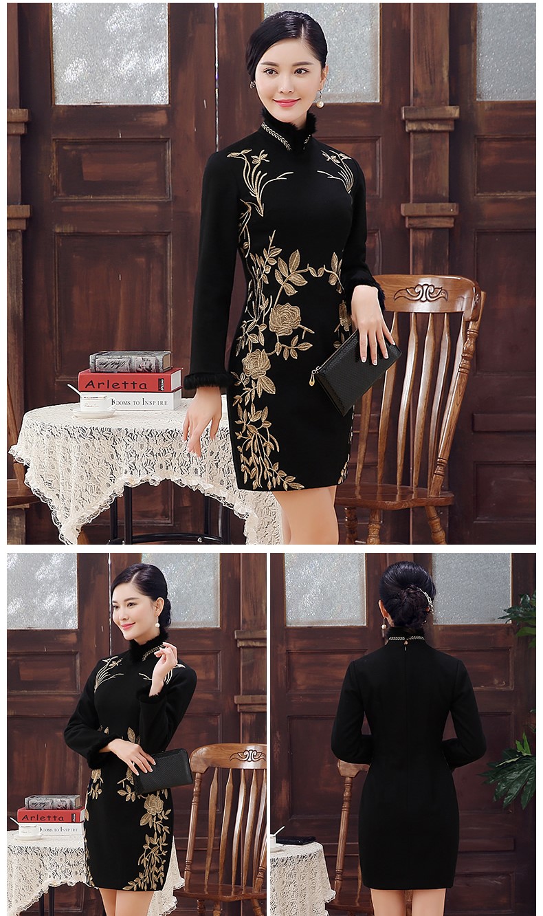 黑色麥穗繡花旗袍，加厚短款旗袍裙