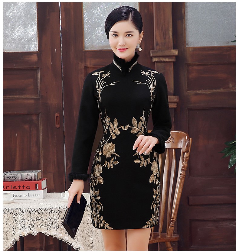 黑色麥穗繡花旗袍，加厚短款旗袍裙