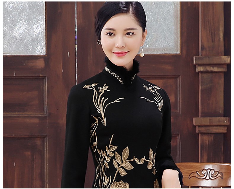 黑色麥穗繡花旗袍，加厚短款旗袍裙