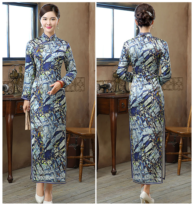 復(fù)古晶藍(lán)印花旗袍，加厚長(zhǎng)款旗袍裙