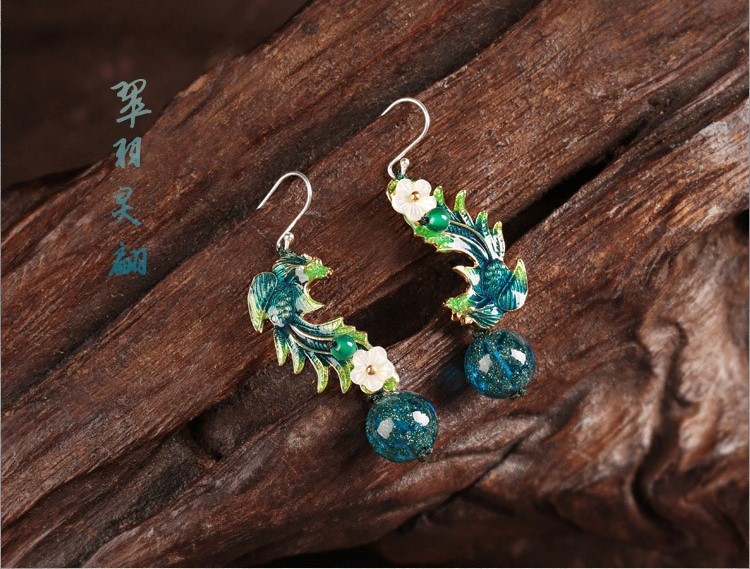 翠羽靈翩耳環(huán)，家佳樂文學(xué)琉璃景泰藍(lán)鳳凰首飾