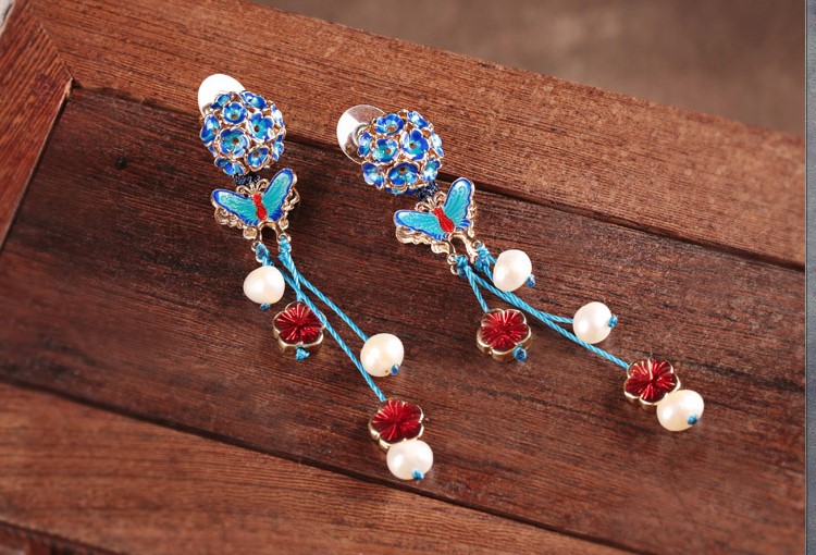 家佳樂文學(xué)景泰藍(lán)蝴蝶耳釘氣質(zhì)耳環(huán)首飾