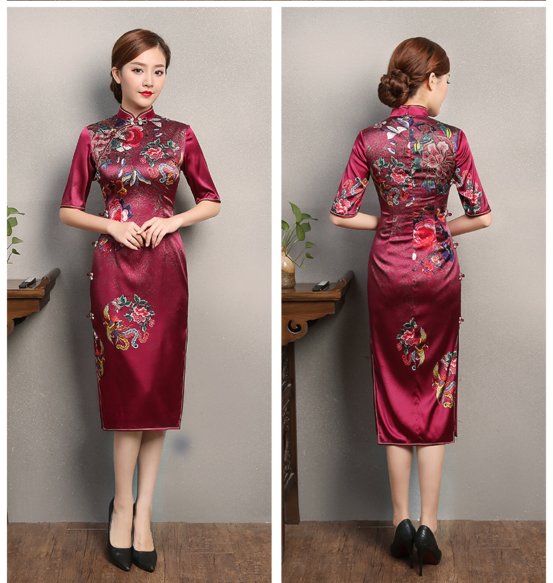 彩鳳印花紅色旗袍，端莊大氣鳳凰牡丹旗袍裙
