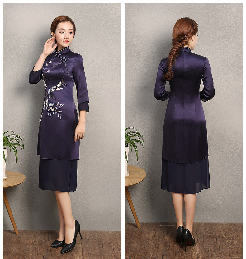 深藍色時尚繡花旗袍，中長款改良旗袍裙