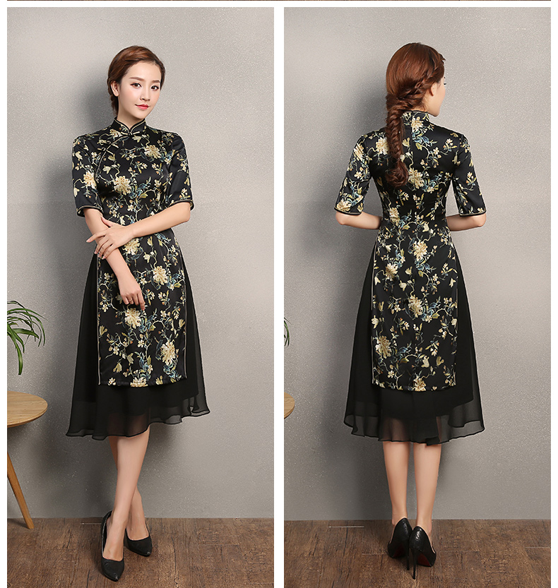 黑色時尚印黃花旗袍，奧黛旗袍裙