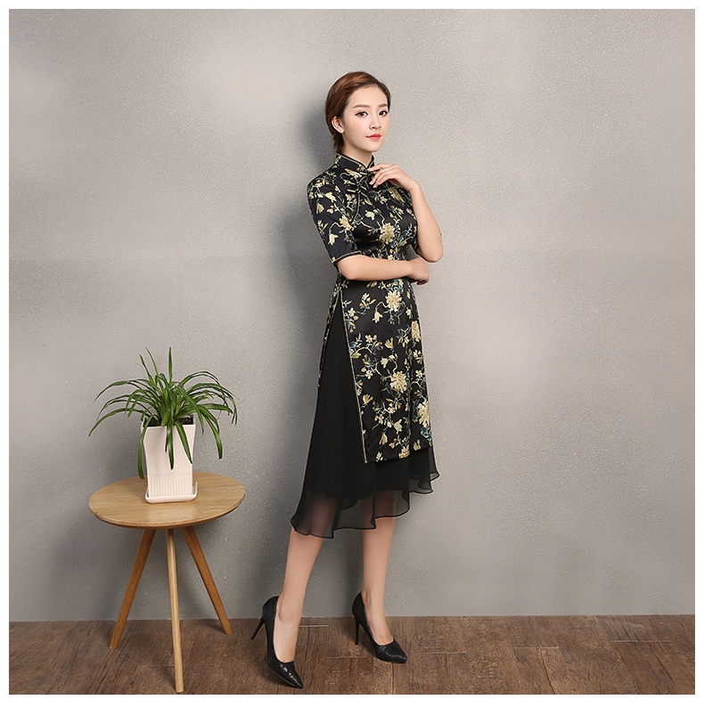 黑色時尚印黃花旗袍，奧黛旗袍裙