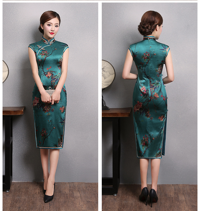 墨綠色印梅花旗袍，短袖真絲旗袍裙