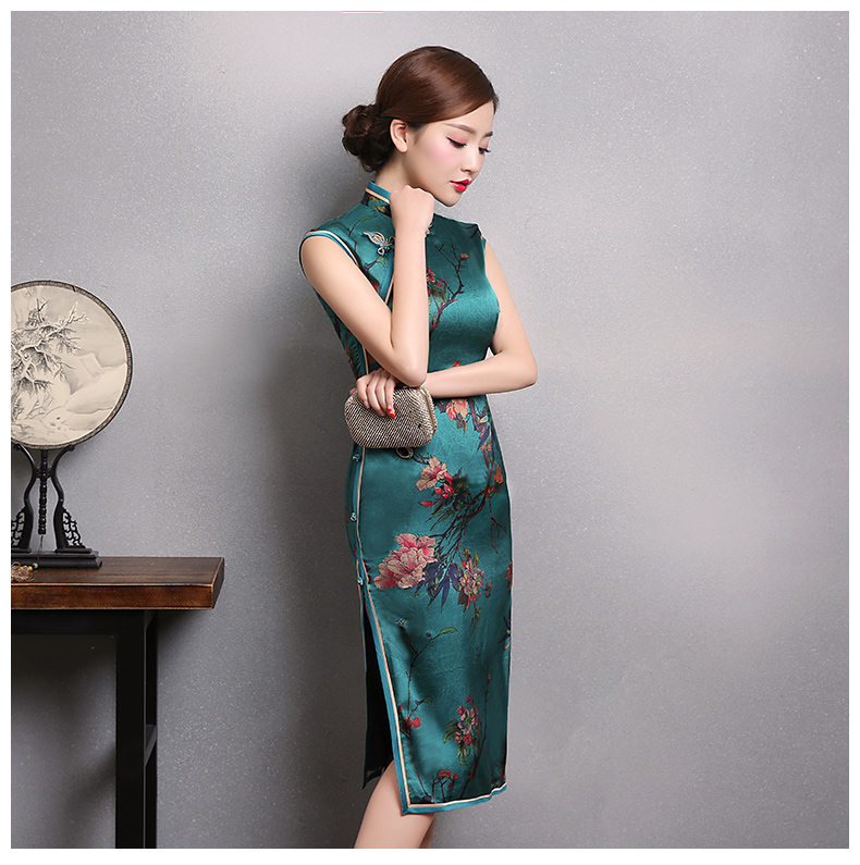 墨綠色印梅花旗袍，短袖真絲旗袍裙