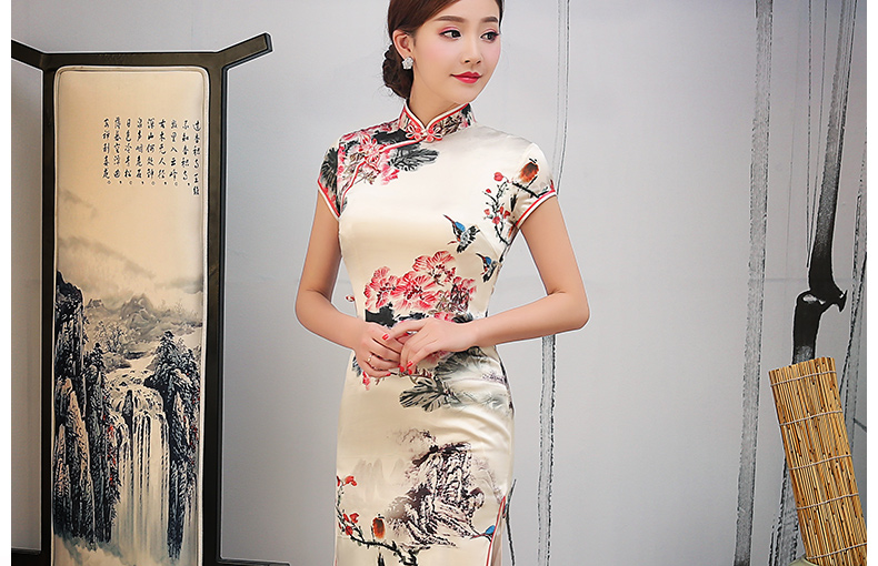 淡黃色水墨印花旗袍，復(fù)古真絲旗袍裙