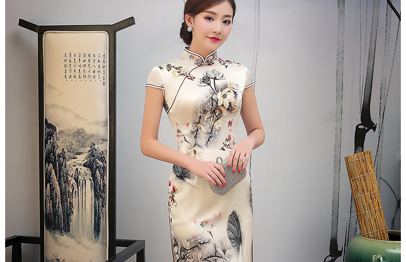 淡黃色印花旗袍，復(fù)古短款旗袍裙