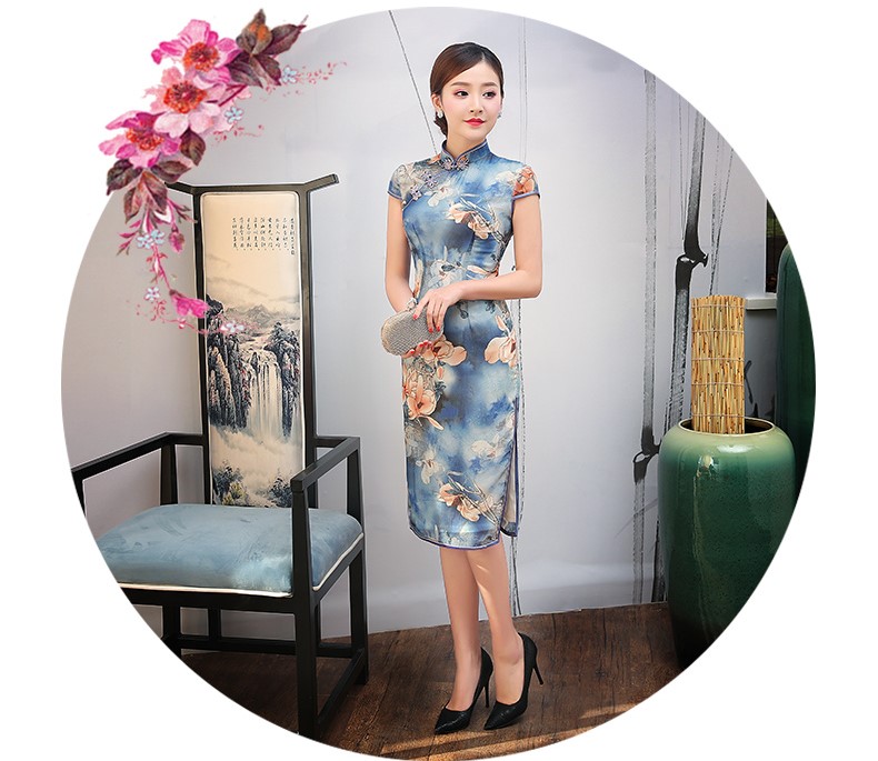 藍色幽藍印花旗袍，復古時尚旗袍裙