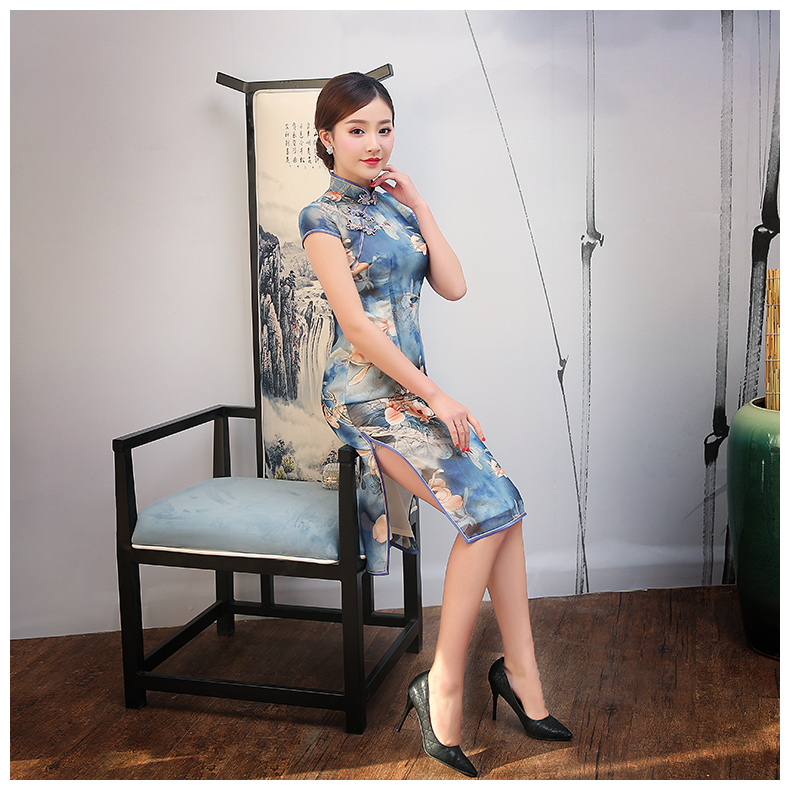 藍色幽藍印花旗袍，復古時尚旗袍裙