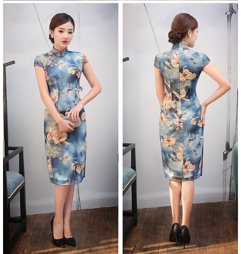 藍色幽藍印花旗袍，復古時尚旗袍裙