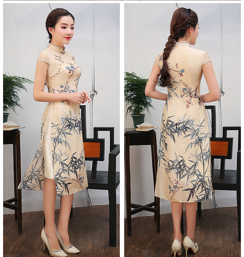 米黃色竹葉印花旗袍，復(fù)古淡雅旗袍裙