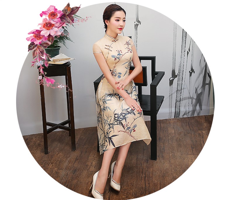 米黃色竹葉印花旗袍，復(fù)古淡雅旗袍裙