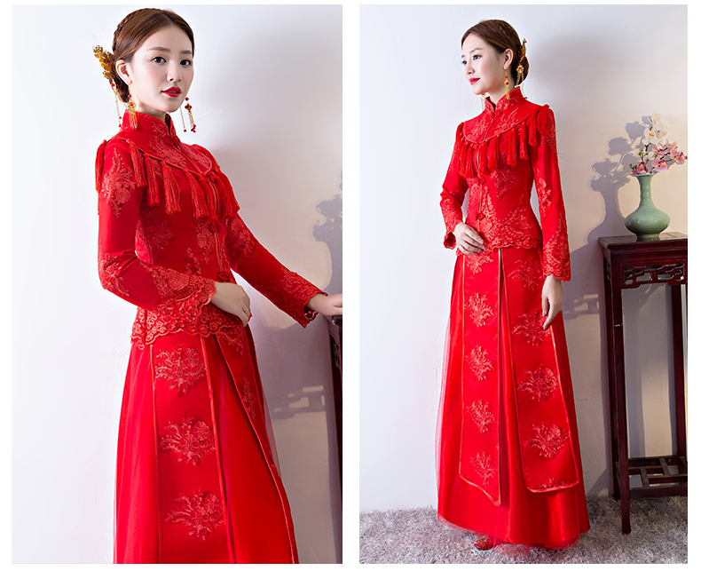 精致蕾絲花紋中式禮服，新娘結(jié)婚禮服