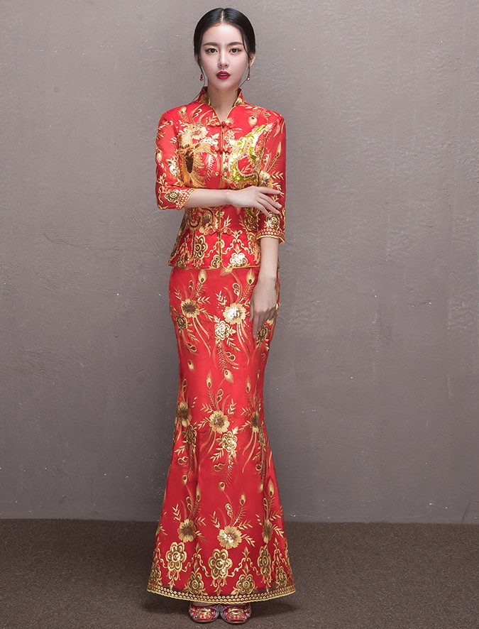 奢華花朵鳳凰刺繡中式禮服，唯美新娘魚尾禮服