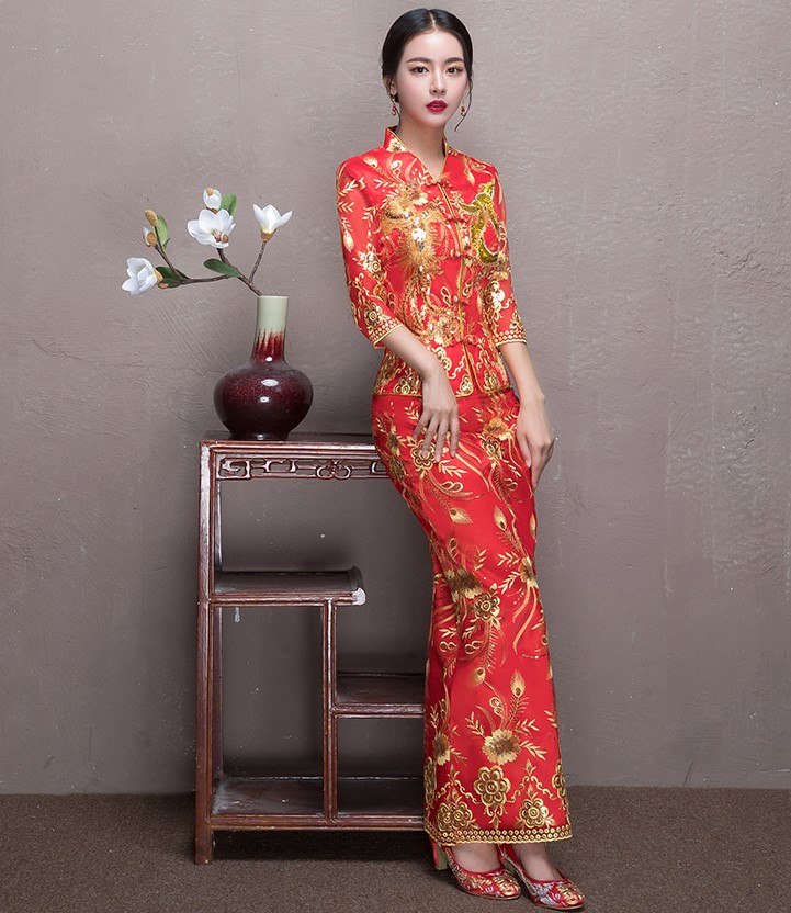 奢華花朵鳳凰刺繡中式禮服，唯美新娘魚尾禮服