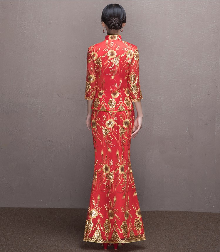 奢華花朵鳳凰刺繡中式禮服，唯美新娘魚尾禮服