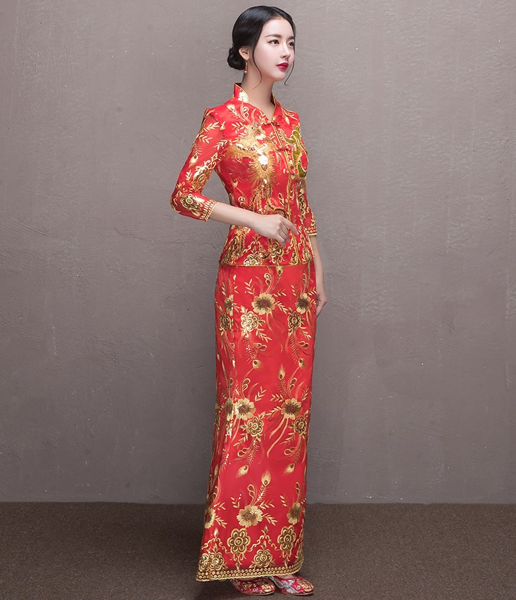 奢華花朵鳳凰刺繡中式禮服，唯美新娘魚尾禮服