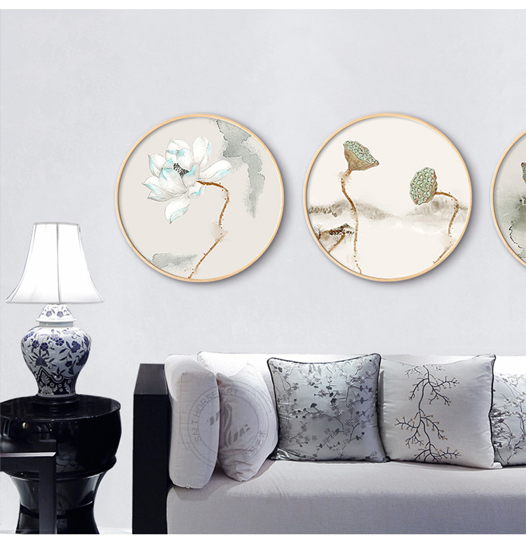 新中式寫意蓮花家佳樂文學(xué)圓形裝飾畫